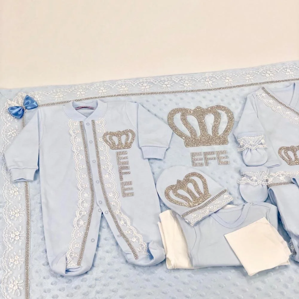 100% tela de algodón tejida de manga larga burbuja de alta calidad moderno recién nacido nuevo diseño azul bebé mameluco conjunto manta de bebé - imagen 4