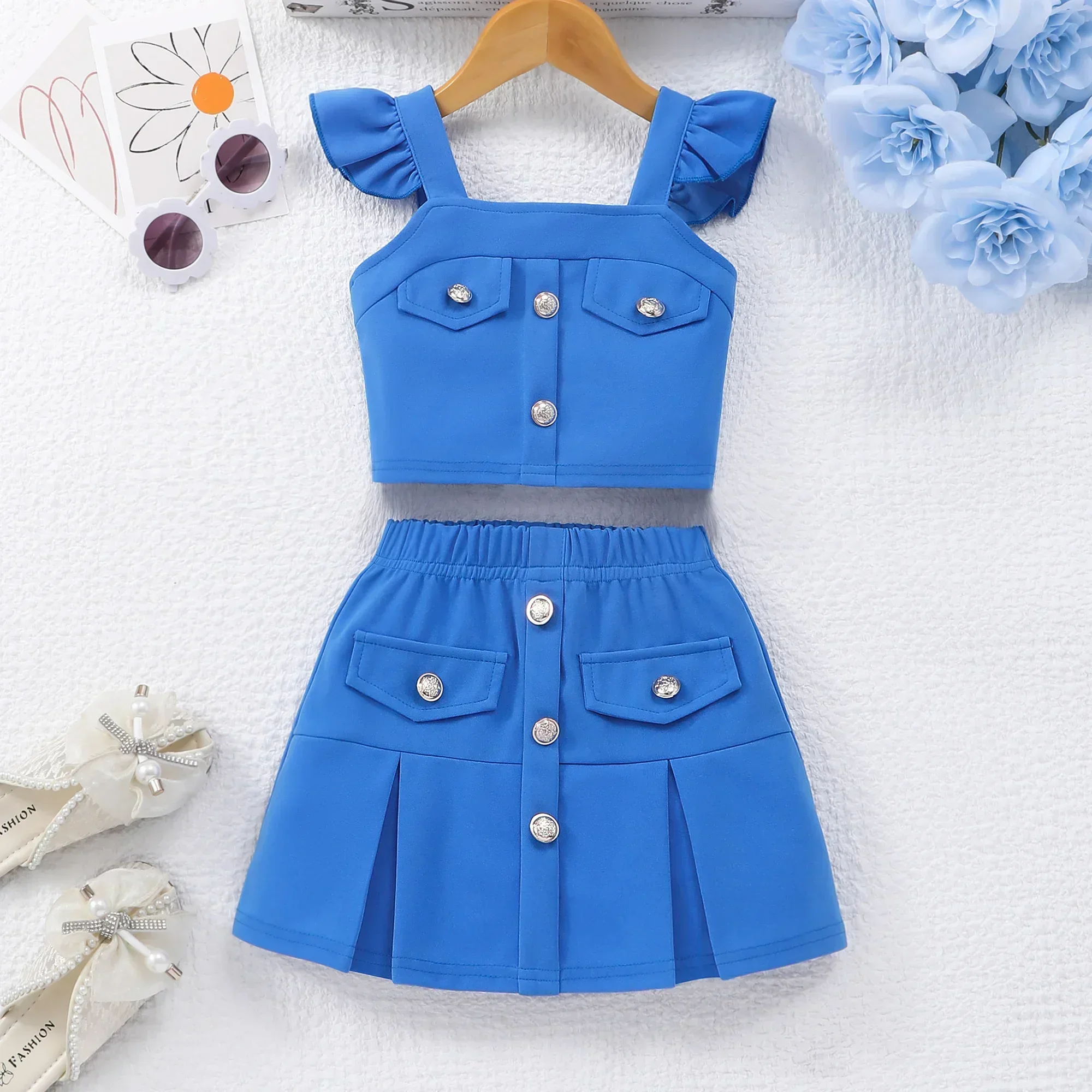 Nuevo conjunto azul para niños, ropa para niñas, chaleco bonito de verano + falda para niños pequeños, 2 uds., traje informal de moda para vacaciones para niños de 2 3 4 5 6 7 años - imagen 2