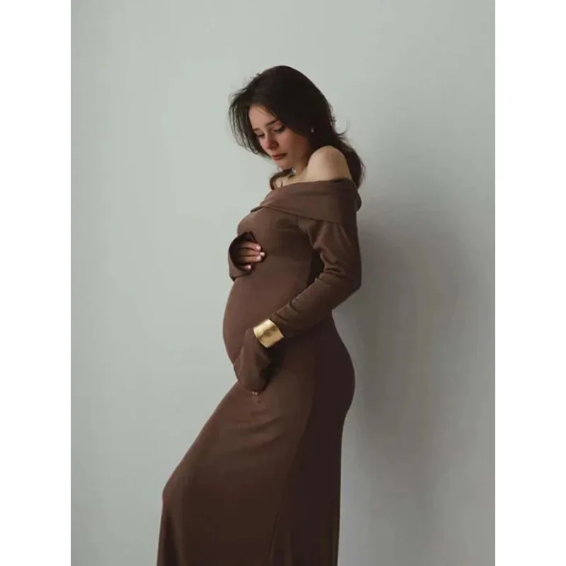 Vestido punto premamá para fotos – Hombros descubiertos, blanco - imagen 5
