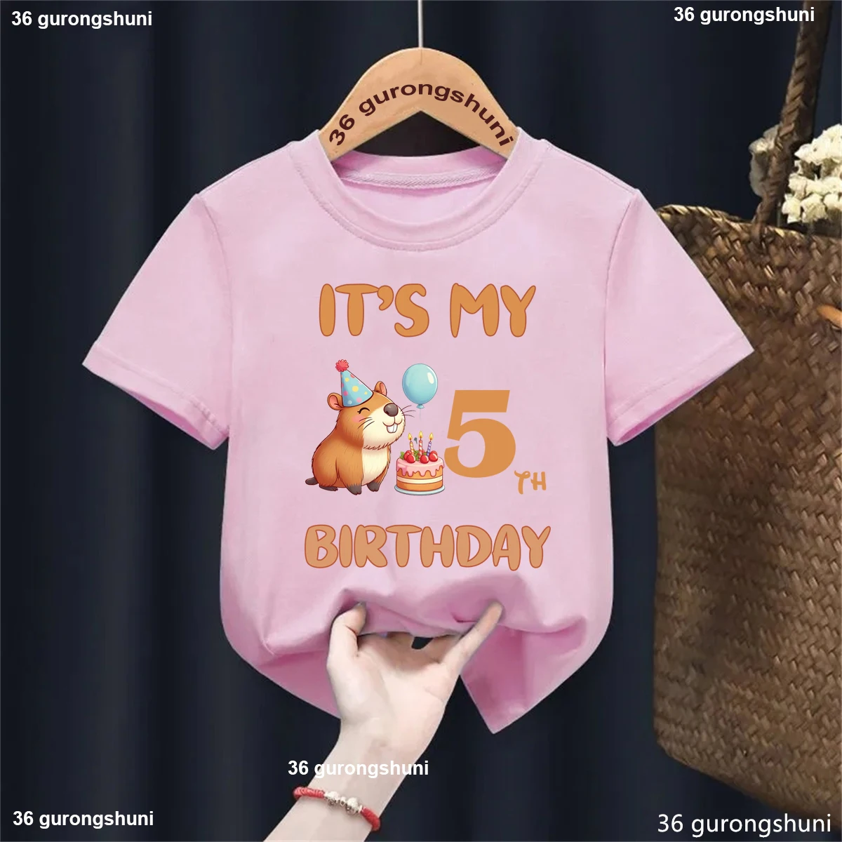 Camiseta con estampado de globos de capibara It's My 4th/5th Birthday para niñas/niños, regalo de cumpleaños, ropa para niños, camiseta sólida Kawaii - imagen 2