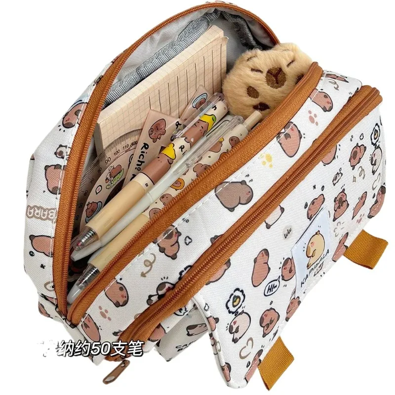 Bolsa para bolígrafos de tres capas de dibujos animados, bolsa de papelería de gran capacidad para carpinchos, estuche multifuncional para lápices para niños y niñas - imagen 3