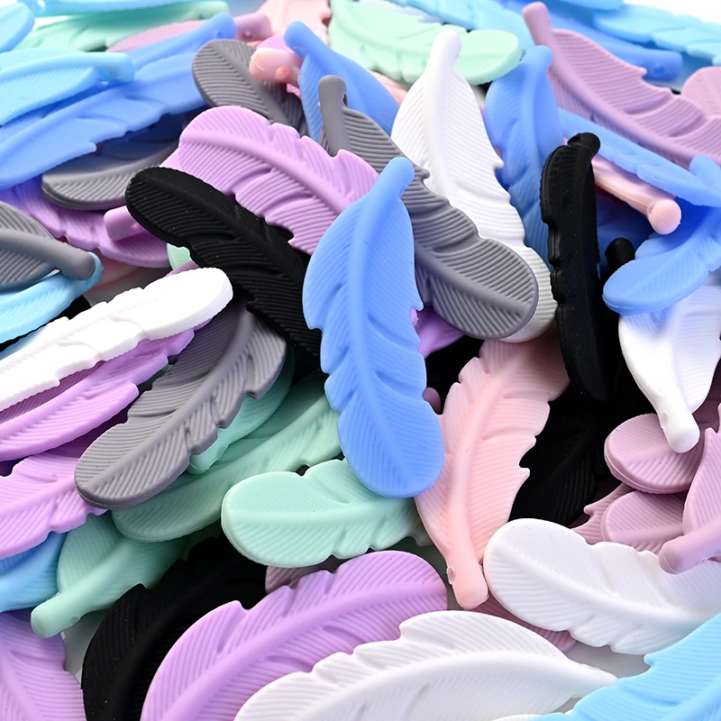 10 Uds. De cuentas de plumas de silicona de 18x56mm, cuentas de dentición para mordedor de bebé, Clip de cadena de chupete para bebé, collar de cuidado DIY, fabricación de joyas