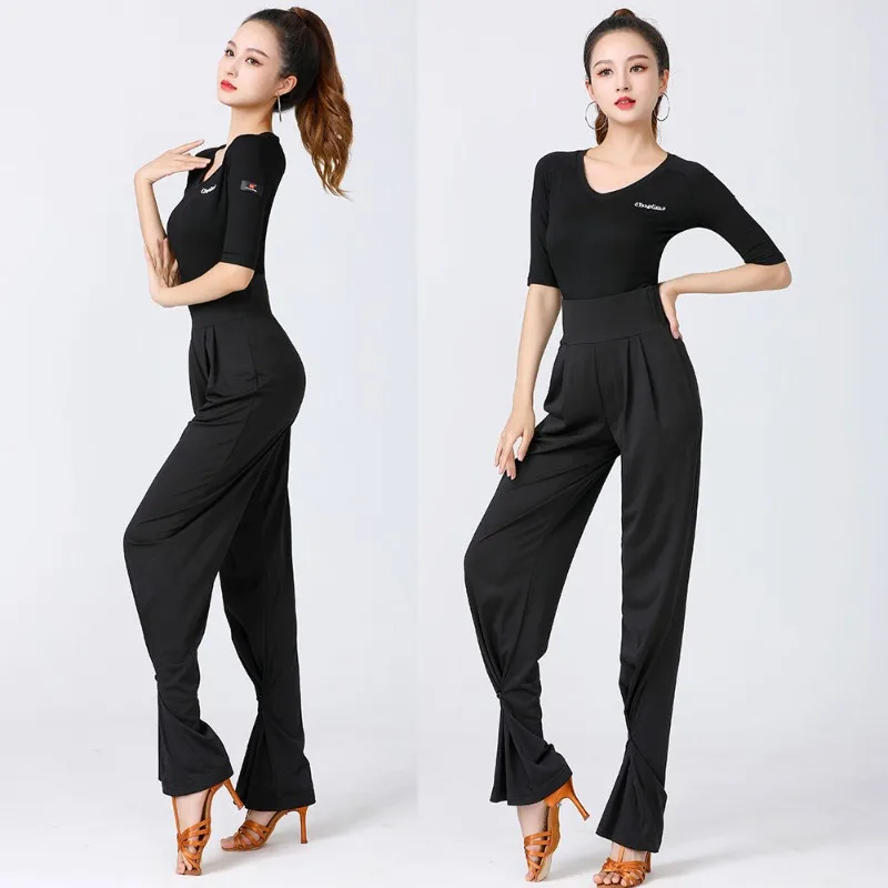 Pantalones elásticos de baile latino para salón de baile, ropa de entrenamiento de danza moderna, pantalones de pierna recta, pantalones de baile para mujeres adultas, disfraces - imagen 2