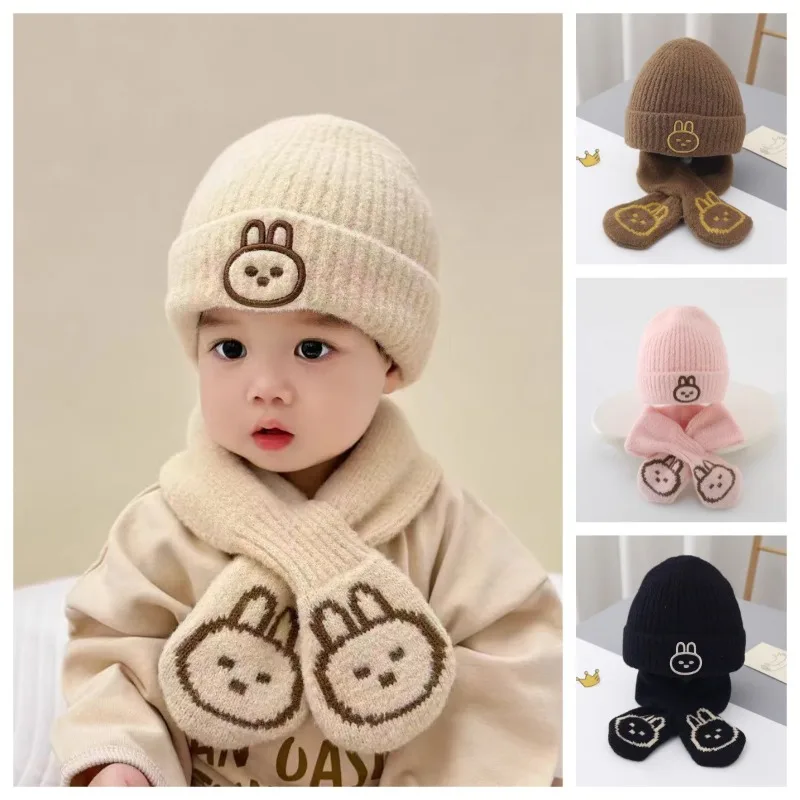 Lindo conjunto de gorro de estilo coreano para bebé de invierno: gorro y bufanda de punto de conejito unisex, gorros cálidos para clima frío para otoño e invierno.