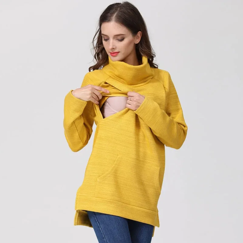 Ropa de maternidad abrigo térmico de lactancia cuello de tortuga suéteres de embarazo Sudadera con capucha Otoño Invierno sudaderas de lactancia posparto - imagen 4
