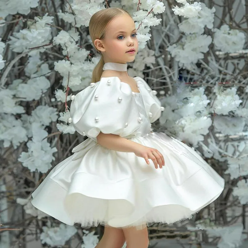 Vestido de princesa, gasa esponjosa blanca, desfile de modelos para niñas, vestido de noche, niña de las flores, vestido de actuación de pequeño presentador
