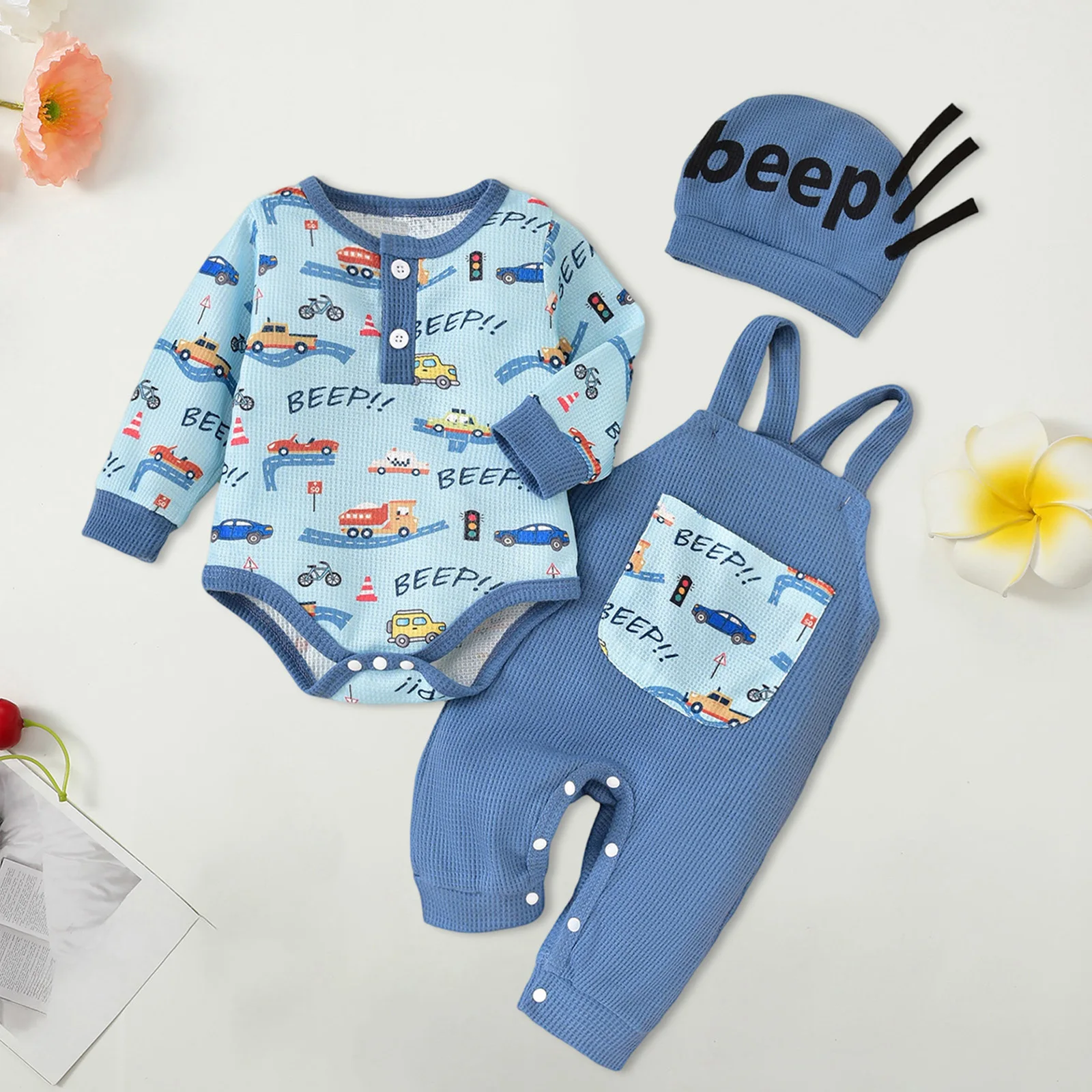 SUNSIOM Conjuntos de ropa para bebés, mameluco estampado de coche/corona de manga larga a la moda con monos y sombrero, trajes de otoño de 3 piezas - imagen 5