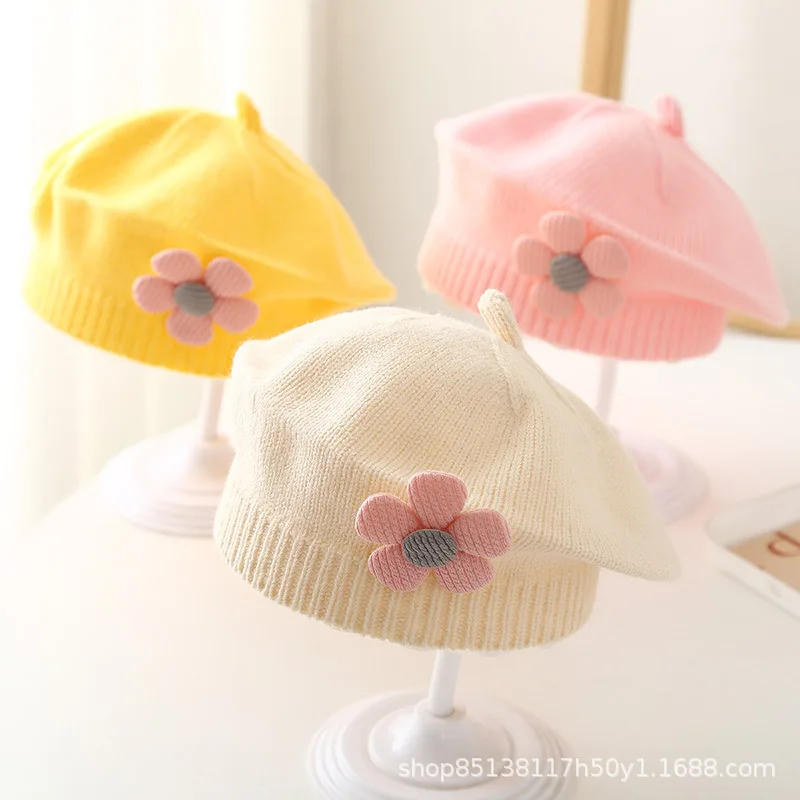 Gorro de bebé de 0 a 4 años, boina de flores bonita para otoño e invierno, gorros de lana a la moda para niños, gorro tejido para niña