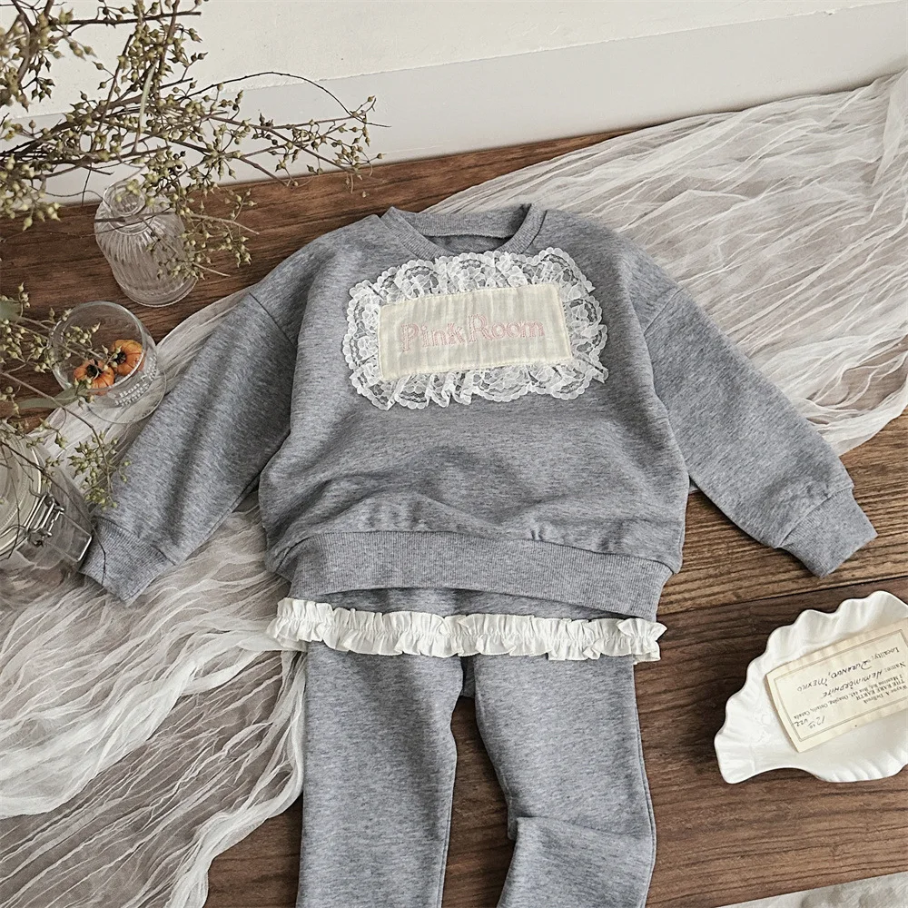 2 unids/set niñas Sudadera con capucha + pantalón primavera otoño nueva ropa para niños estilo coreano bebé Pastoral encaje apliques carta Sudadera con capucha Casual - imagen 5