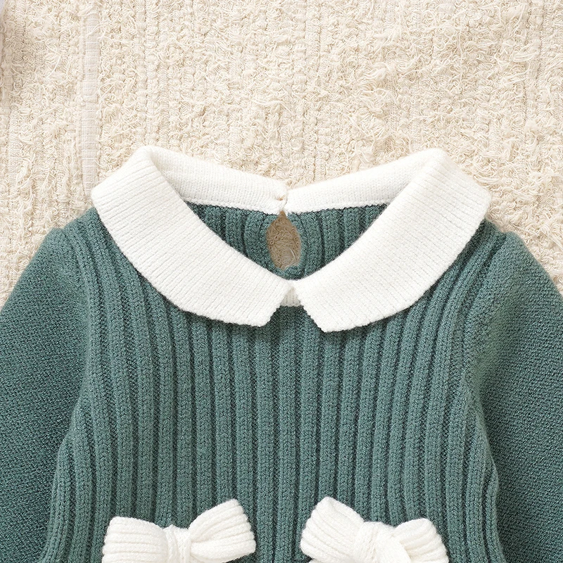 Peleles verdes para niñas, monos de una pieza de manga larga tejidos con lazo a la moda para recién nacidos, monos para niños pequeños para primavera, Otoño e Invierno - imagen 2