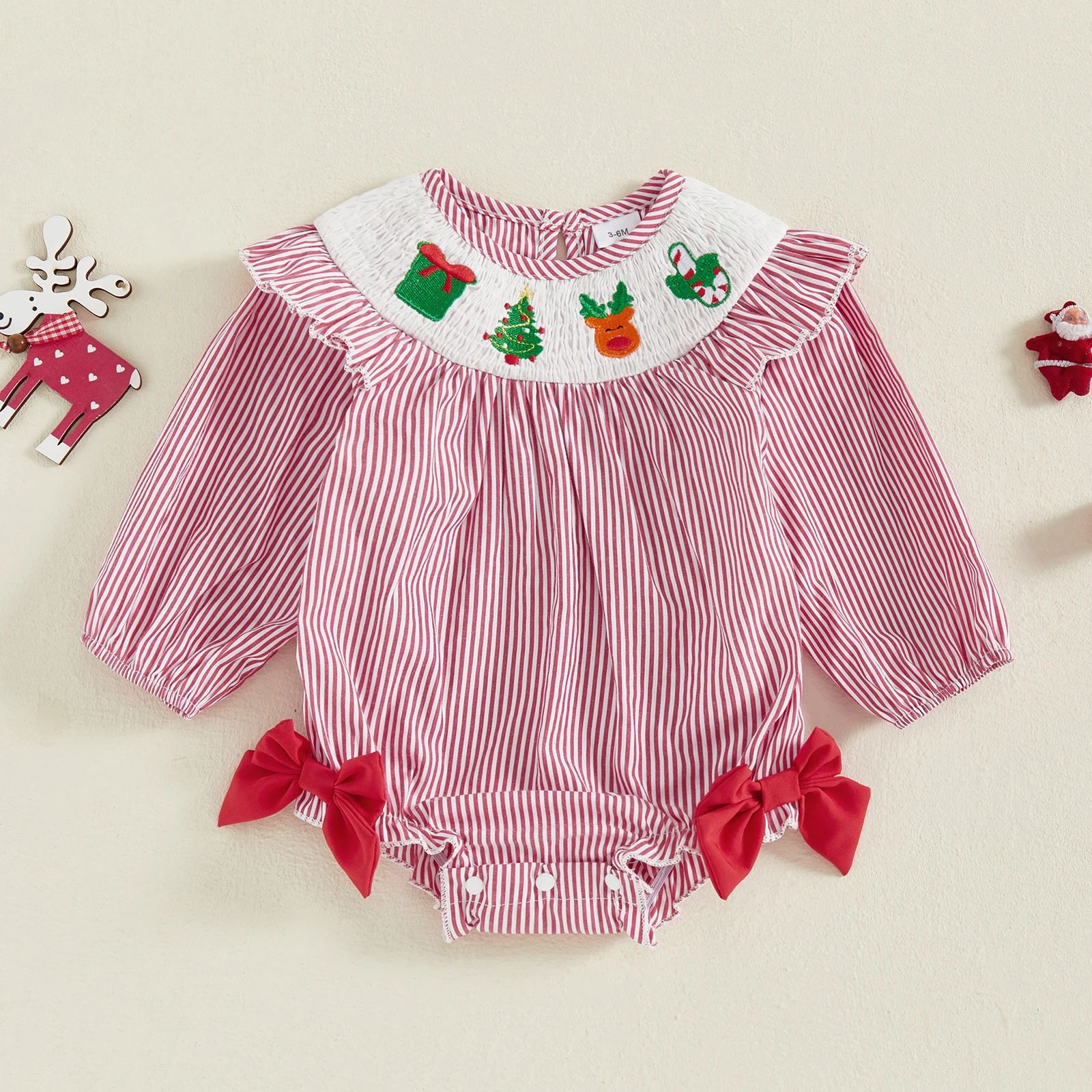 Mameluco de rayas navideñas para niñas de 0 a 18 meses, mono con cuello redondo y manga larga con bordado de árbol y ciervo