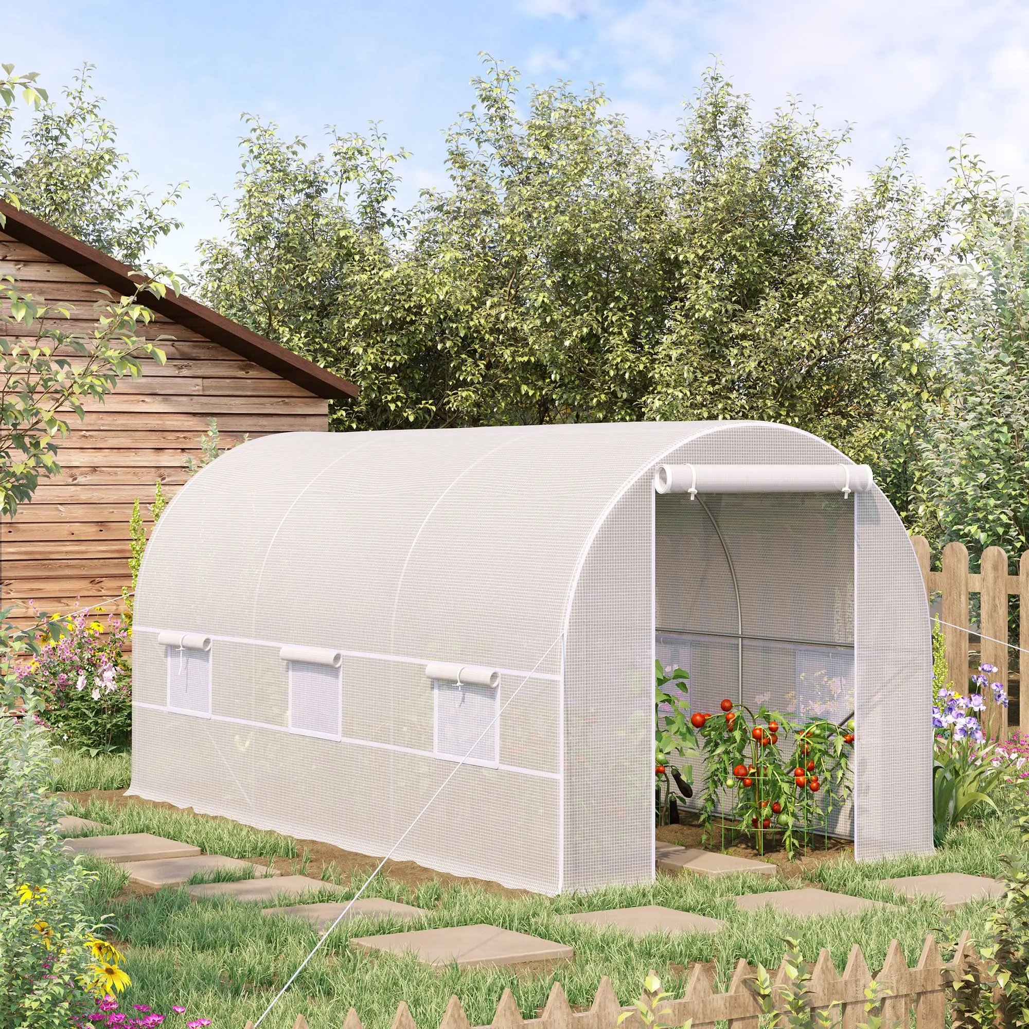 Outsunny Invernadero de Túnel 400x200x200 cm Invernadero de Jardín con Puerta Enrollable y 6 Ventanas Cubierta PE 140 g/m² Anti-UV Marco de Metal para Cultivo Plantas Verduras Blanco - imagen 2