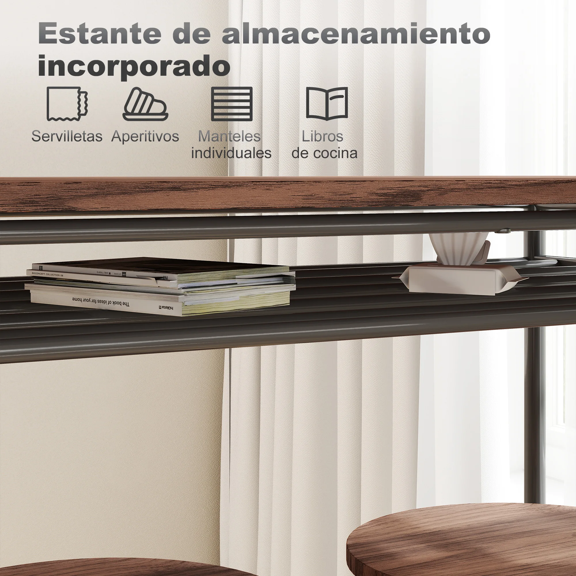HOMCOM Juego de Mesa y Taburetes de Bar, Mesa Alta de Cocina con 2 Taburetes Industrial, Estante Abierto, Reposapiés, Ahorro de Espacio, para Espacios Reducidos, Comedor, Salón, Marrón - imagen 4