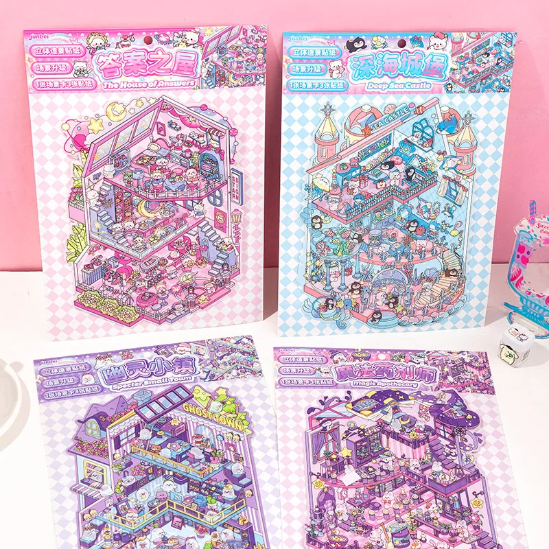 Tallas grandes 2.5D Castillo de dibujos animados ciudad paisaje pegatina escena DIY juego pegatina Festival regalo de cumpleaños para - imagen 5