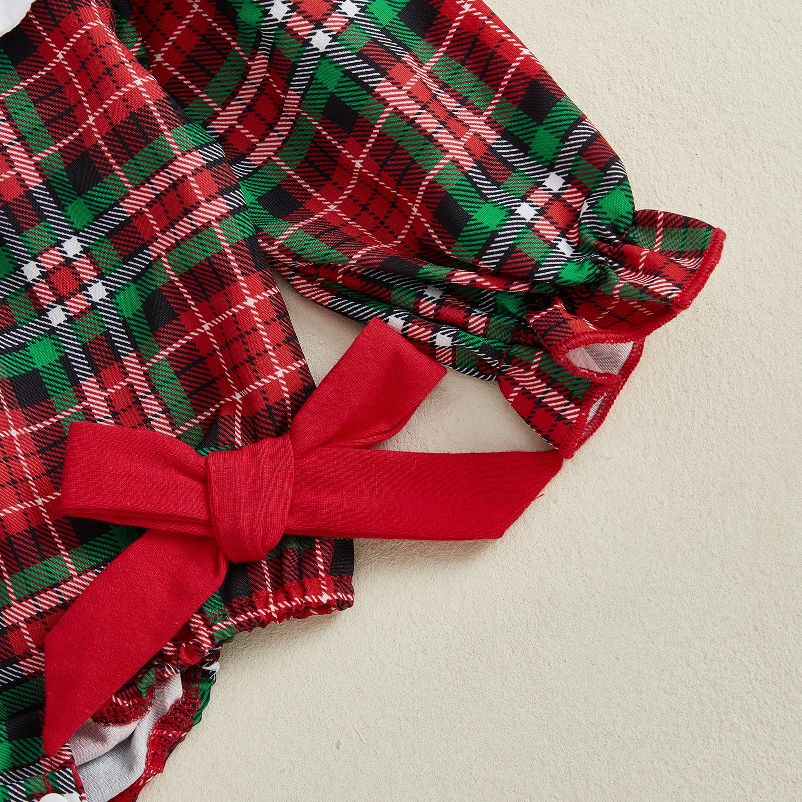 VISgogo Bebek Kız Noel Ekose Romper Noel Baba Nakış Uzun Kollu Bebek Yaka Tulum Yay Kafa Bandı ile - imagen 5