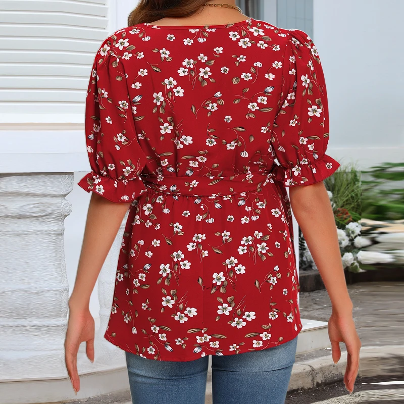 Tops de embarazo, camiseta de maternidad, camiseta para madre embarazada con pecho cruzado y cuello en V, cintura ceñida atada para amamantar - imagen 5