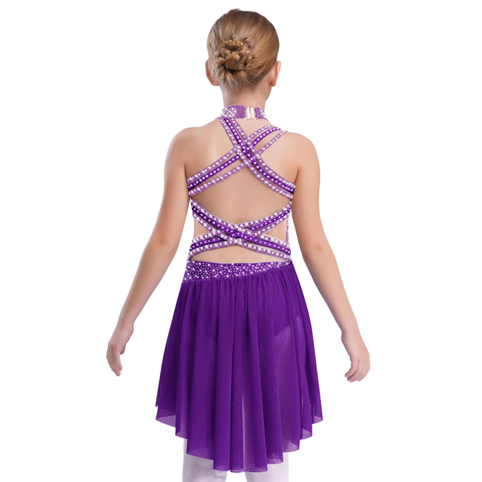 Vestido de leotardo de Ballet para niñas, traje de baile de patinaje artístico con diamantes de imitación, sin mangas, entrecruzado, con tiras en la espalda, Ropa de baile lírico - imagen 5