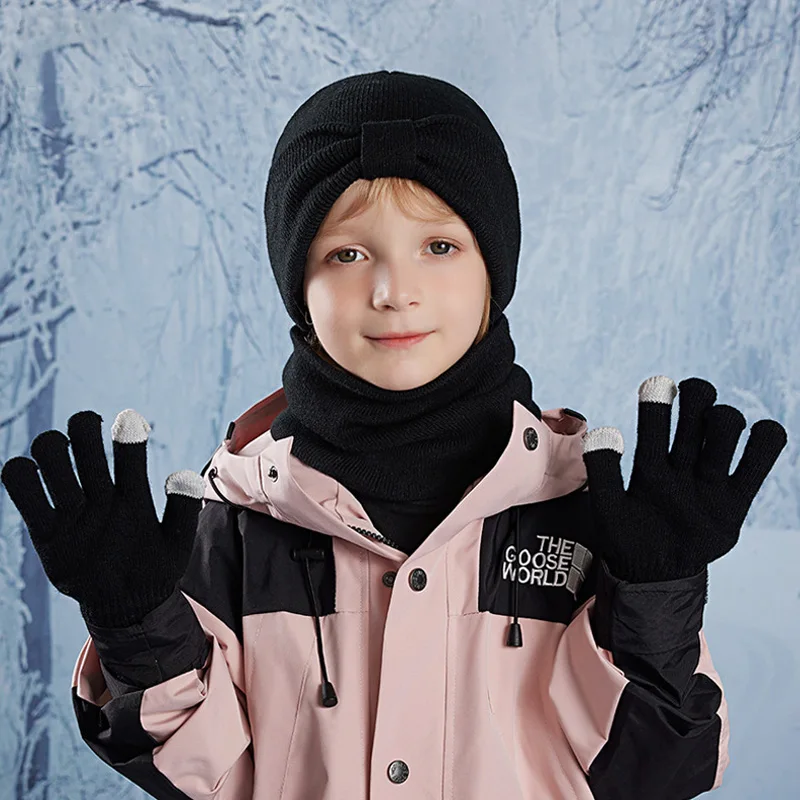 3 unids/set sombreros para niños guantes bufanda para niños niñas bebé invierno al aire libre gorros con protección para los oídos lazo sólido más gorro de punto cálido de terciopelo - imagen 3
