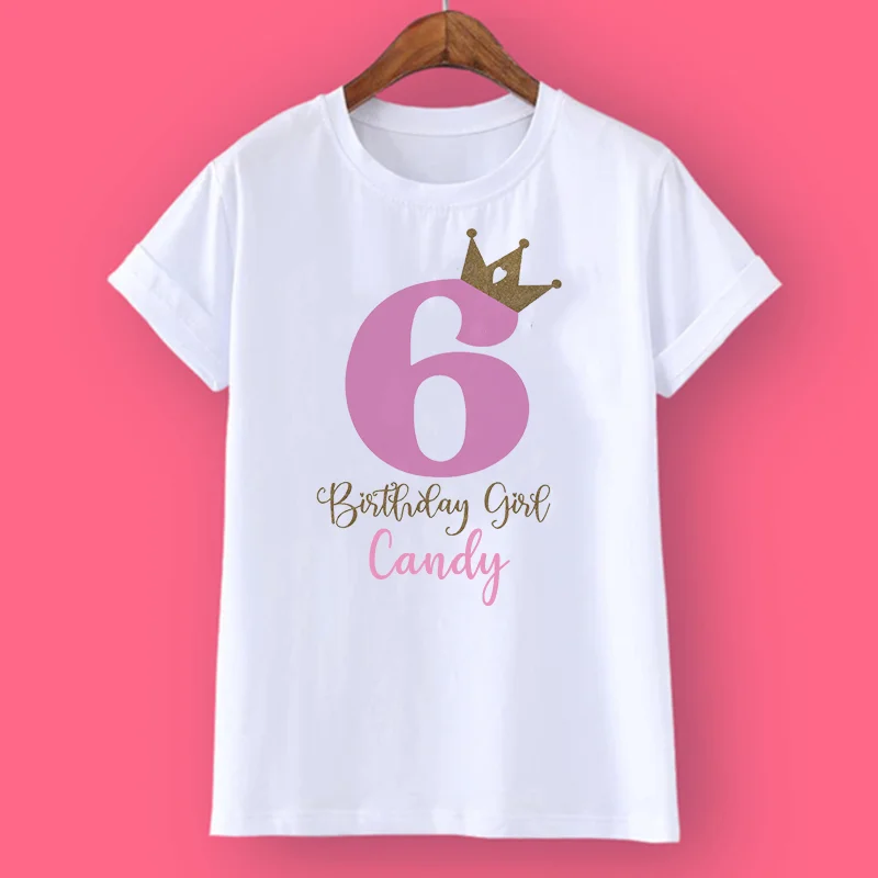 Camiseta personalizada con corona de cumpleaños para niñas, camiseta con nombre personalizado de 1 a 10 años, camiseta salvaje, camiseta de fiesta para niñas, ropa, regalos para niños, Tops de moda - imagen 4