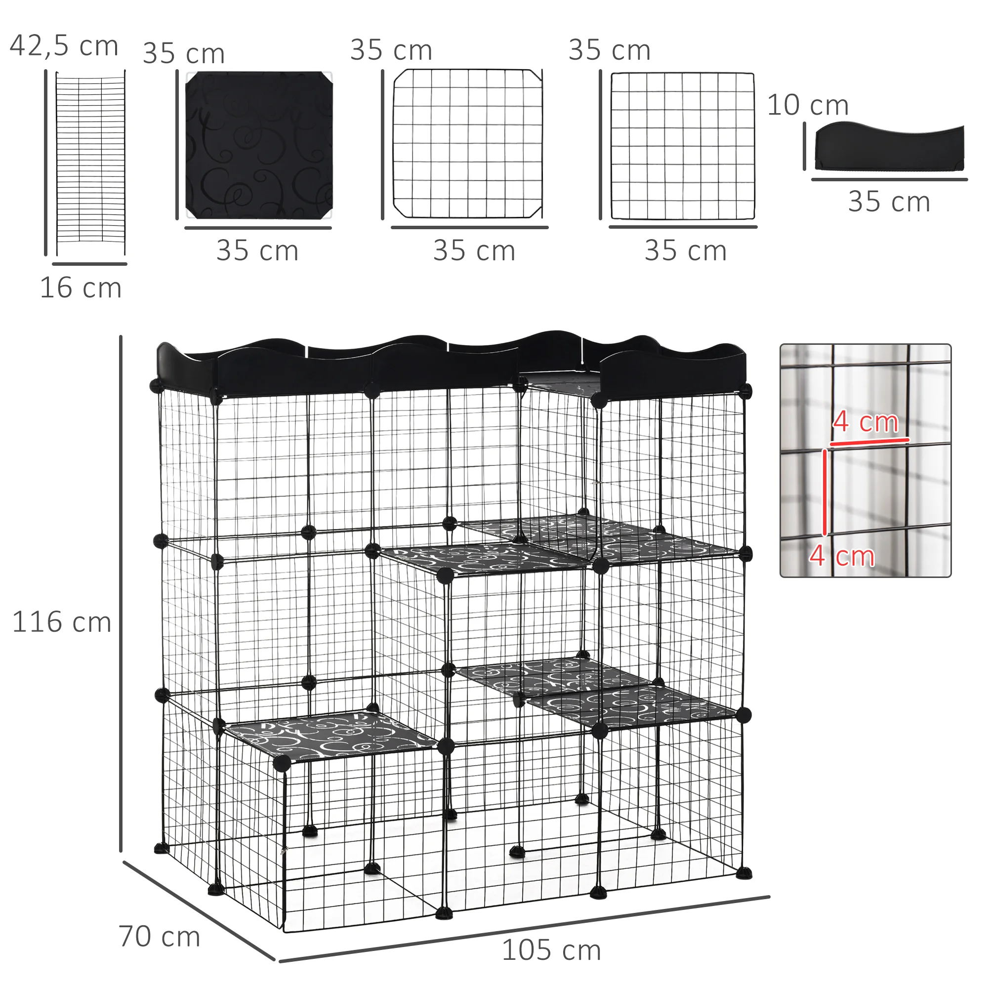 PawHut Jaula para Animales Pequeños de 40 Paneles Parque para Mascotas Forma Personalizable Valla Metálica para Cobayas Conejos Gatito 105x70x116 cm Negro - imagen 3