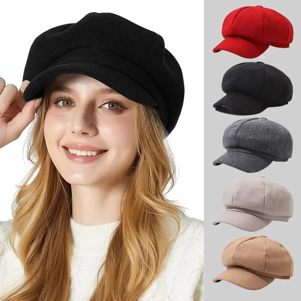 Gorros de otoño e invierno para mujer, gorra octogonal lisa lisa para vendedor de periódicos, gorro de lana informal para hombre y mujer, boina de invierno, gorras de pintor para invierno