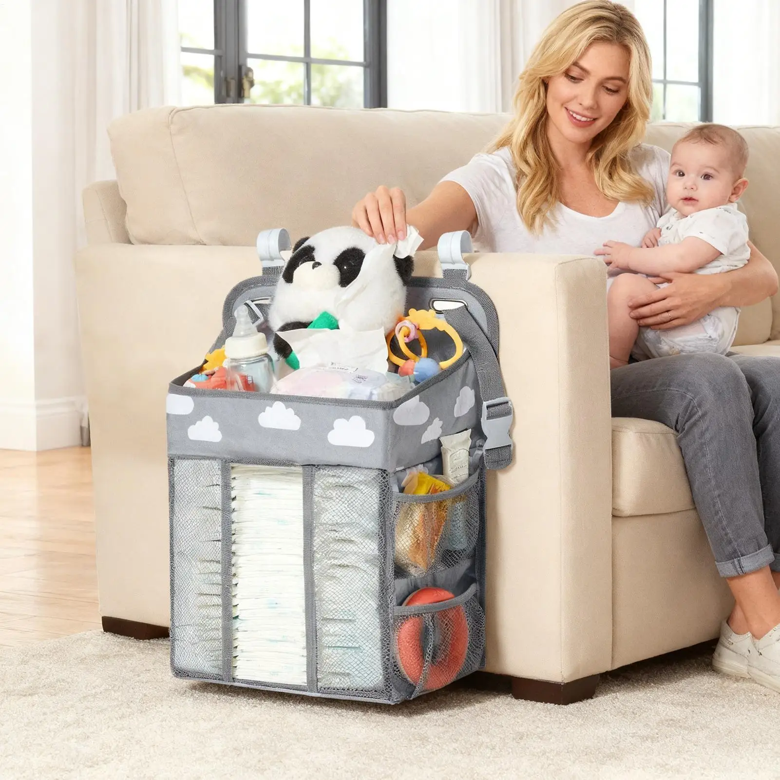 Soporte para pañales para cuna, impermeable, ajustable, multibolsillo, almacenamiento estable, soporte para pañales de bebé, apilador para puerta de pared, guardería - imagen 2