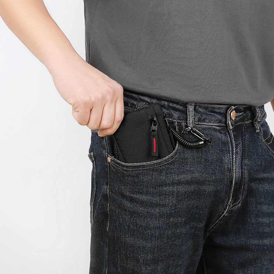 Tarjetero para hombre, billeteras de nailon de lujo, billetera delgada con cremallera, funda para tarjetas, monedero táctico masculino con mosquetón - imagen 5