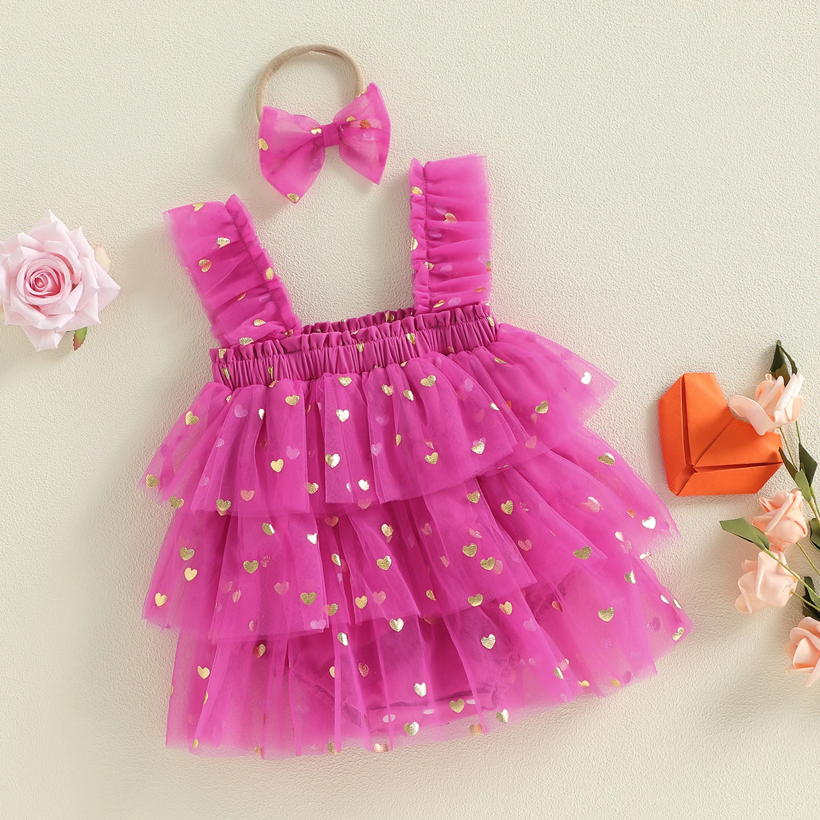 Tregren Vestido mameluco tul niña – San Valentín corazón purpurina - imagen 3