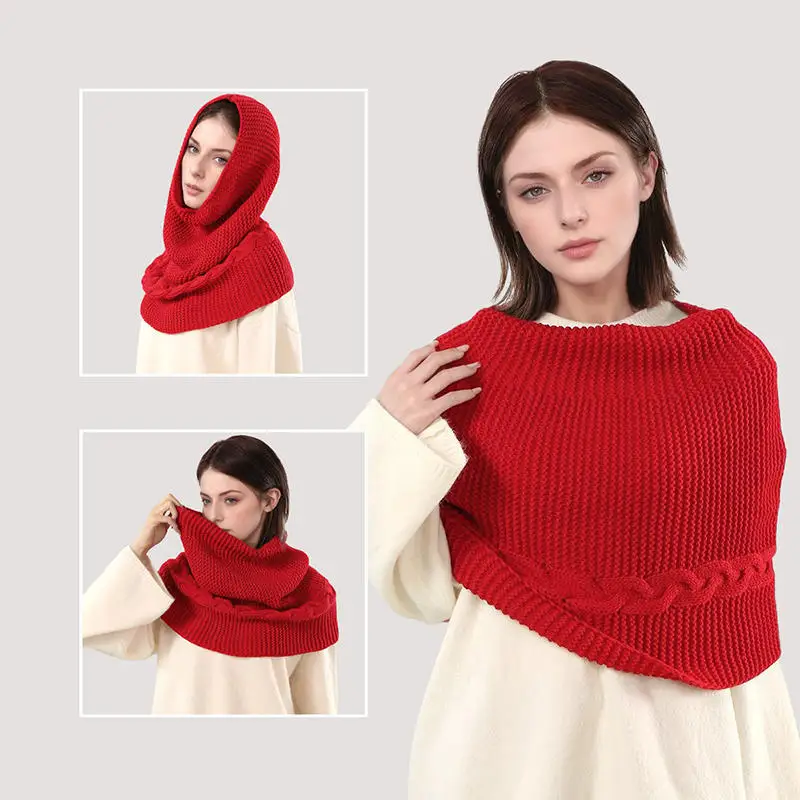 Bufanda de punto con capucha versátil, gorro de invierno, calentador de cuello, bufandas con cuello circular, chal de doble uso de Color sólido, bufanda, decoración de prendas de vestir - imagen 2