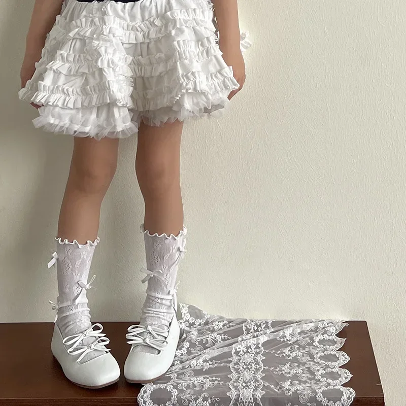 Calcetín de pantorrilla Floral Jacquard de verano para niños y niñas, calcetín coreano con lazo a la moda para niños, calcetín elástico de nailon suave, ropa - imagen 3