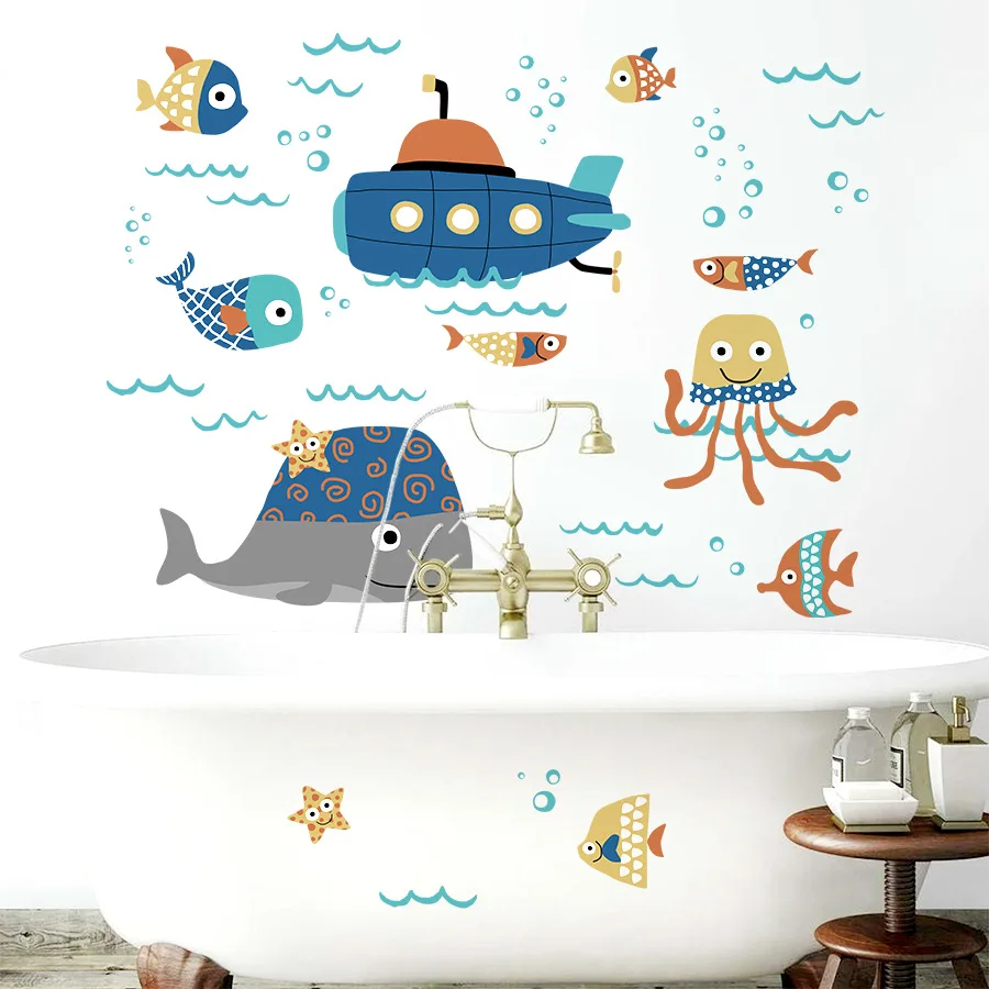 Adhesivos de pared autoadhesivos para submarinos de animales marinos, pegatinas decorativas impermeables para habitaciones y baños infantiles - imagen 4