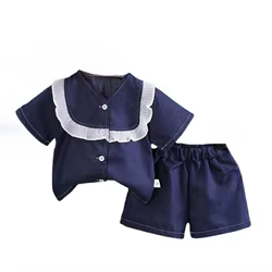 Nueva ropa de verano para bebés, traje para niños, camisa de manga corta, pantalones cortos, 2 unids/set, conjunto de ropa para niñas, disfraz informal de moda infantil