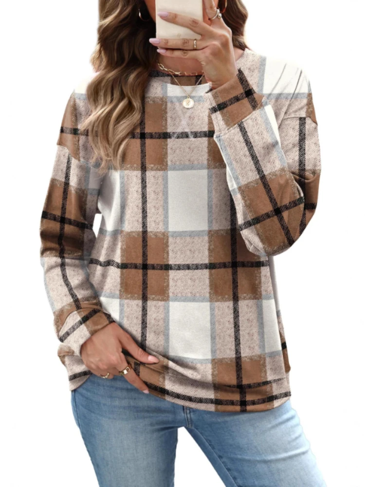 Sudadera con cuello redondo para mujer, camisa holgada de manga larga a cuadros, Top suave y versátil para Navidad, primavera y otoño - imagen 2