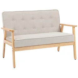 HOMCOM Sofá de 2 Plazas, Tapizado en Lino Sintético, Sofá Nórdico con Patas y Reposabrazos de Madera de Caucho, Respaldo Acolchado, para Salón, Dormitorio, Oficina, Sala de Estar, 113x67x78 cm, Beige