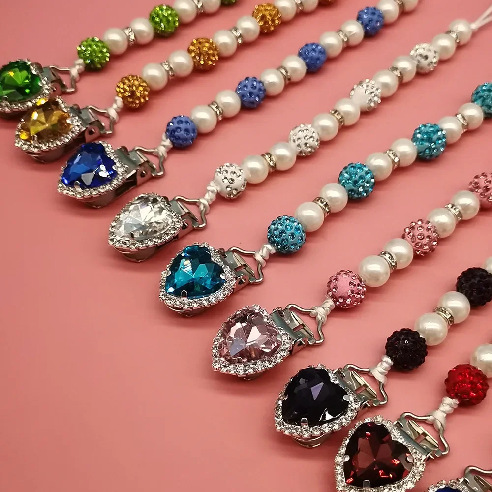 Cadena de Clip de chupete de lujo para bebé niño y niña, cadena de Clip de pezón de cristal de perla de estilo europeo Vintage, colgante de cadena, accesorios para pezones - imagen 2