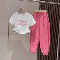 Conjunto infantil cómodo dos piezas blusa corta y pantalón con perlas