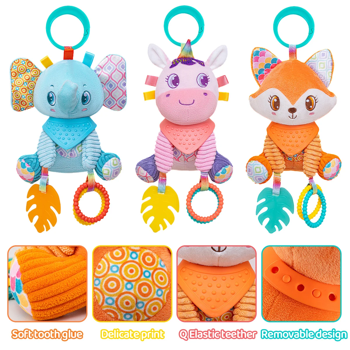 Cochecito de juguete de aprendizaje sensorial arrugado, colgante suave, asiento de coche, cuna, viaje, Animal de peluche, carillón de viento con mordedor para niños y niñas - imagen 3