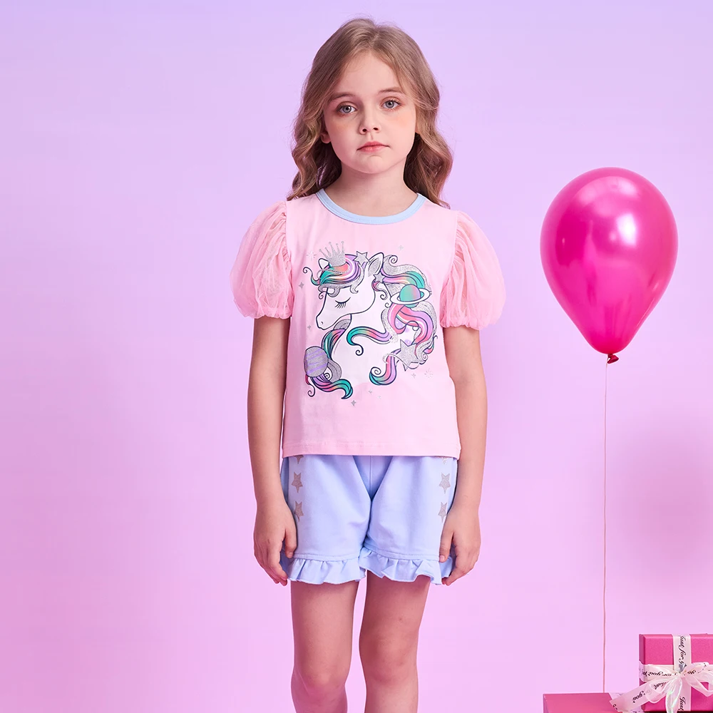 Conjuntos verano DXTON para niña con mangas abullonadas y unicornio - imagen 2