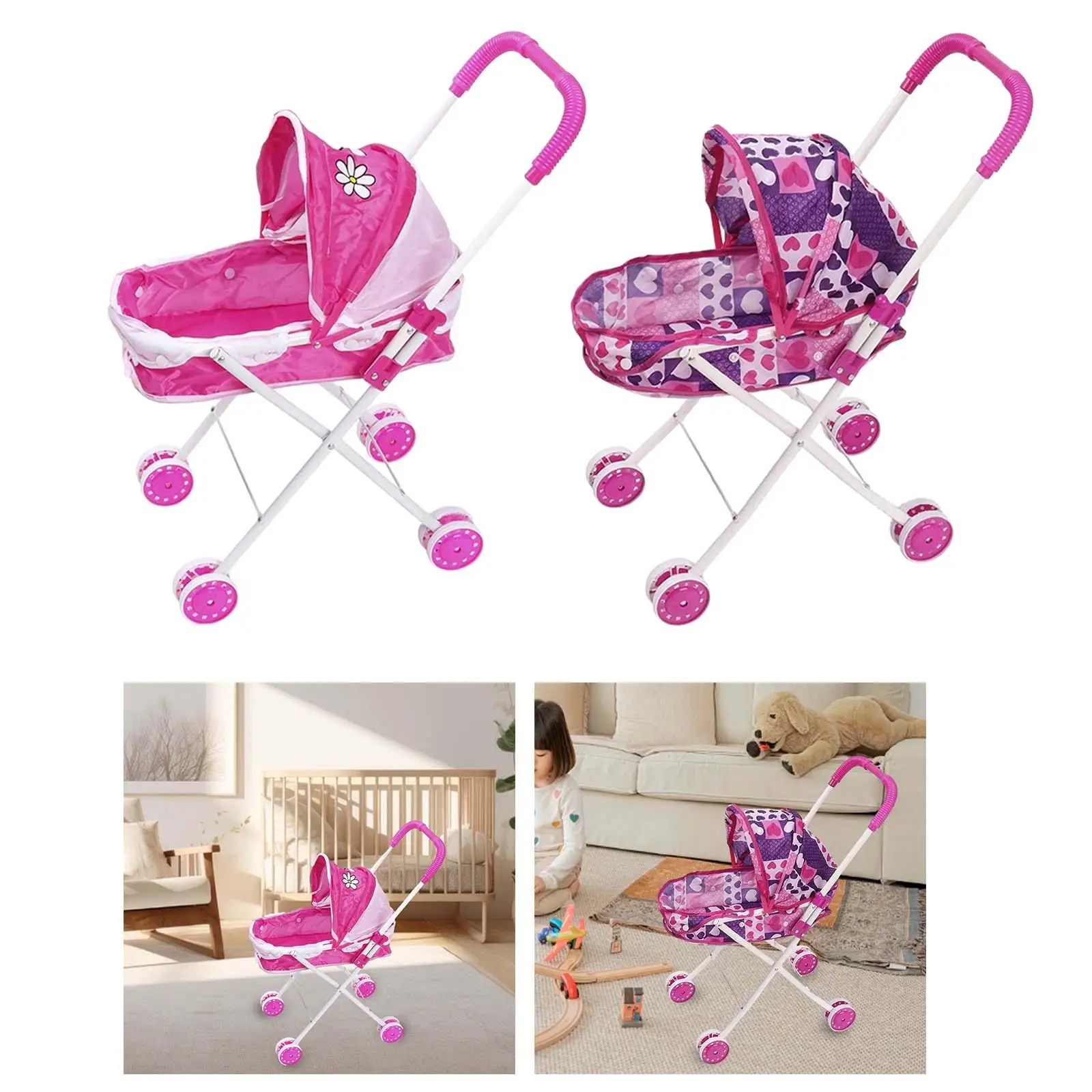 Foldable Doll Stroller Pretend Play for Ages 1 2 3 Years Old Educational Role Playing Miniature Push Cart Valentines Day Gifts