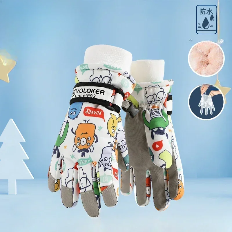 Guantes para niños, guantes de esquí con dibujos animados cálidos, además de terciopelo, guantes de invierno para niños fríos e impermeables, accesorios para niños de 4 a 12 años