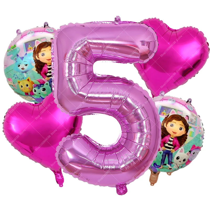 Juego de globos de aluminio para casas de muñecas Gabby, suministros para fiesta de cumpleaños para niña, globos bonitos de dibujos animados, accesorios de decoración navideña para el hogar, regalos, 5 uds.
