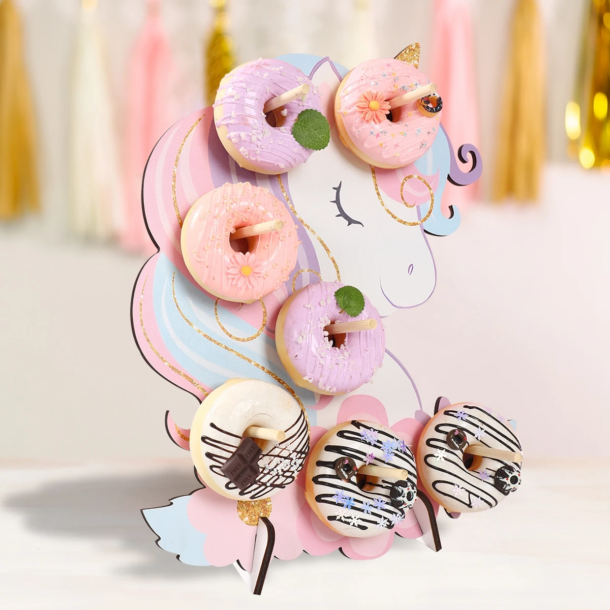 Soporte de Donut de madera con forma de unicornio, decoración para fiesta de cumpleaños, suministros para fiesta de Donut, suministros para fiesta de boda y cumpleaños, decoración de mesa - imagen 3