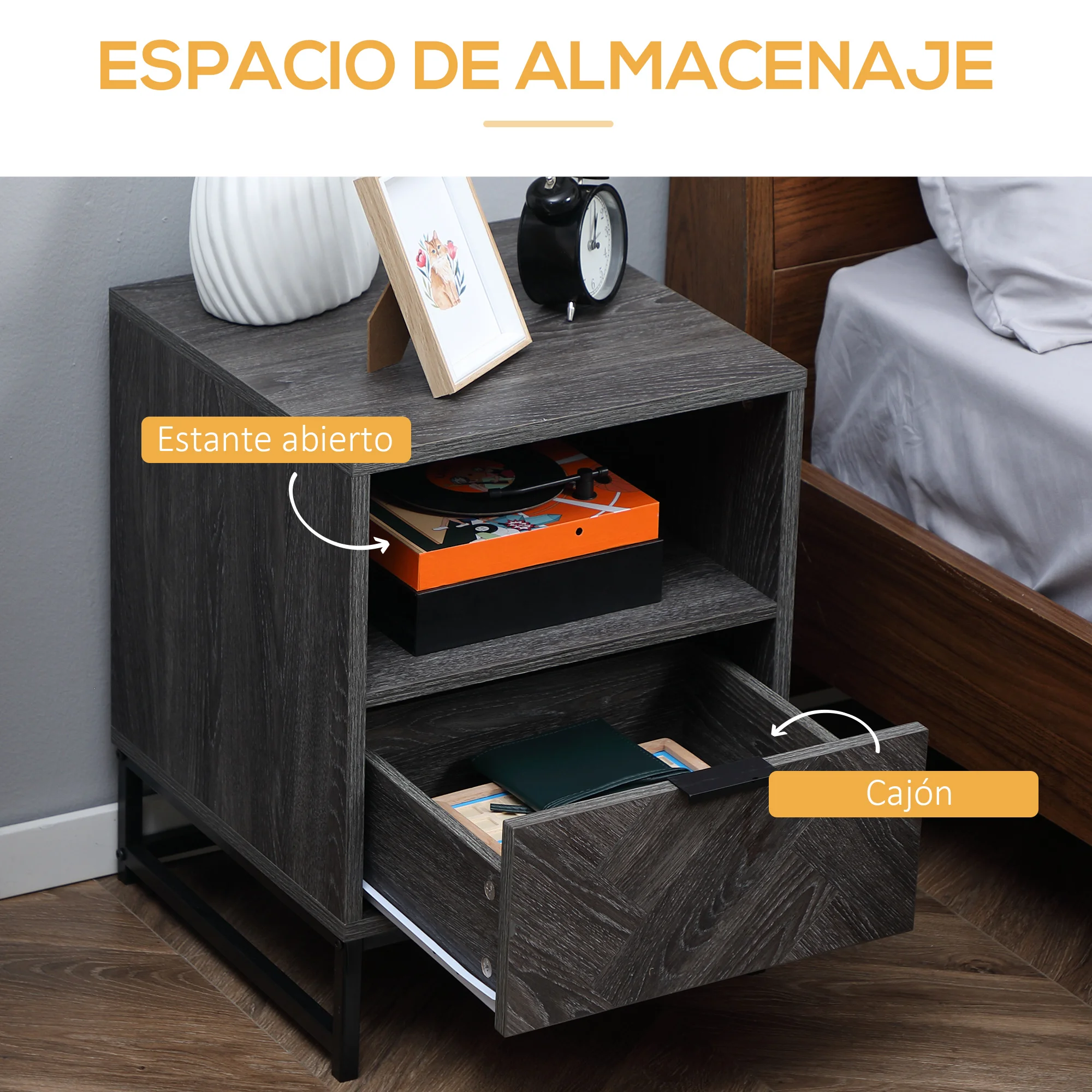HOMCOM Mesita de Noche con 1 Cajón Estante Abierto y Patas de Acero Mesilla de Noche para Dormitorio Salón Cama Oficina Estilo Moderno 40x40x52 cm Gris Oscuro - imagen 5