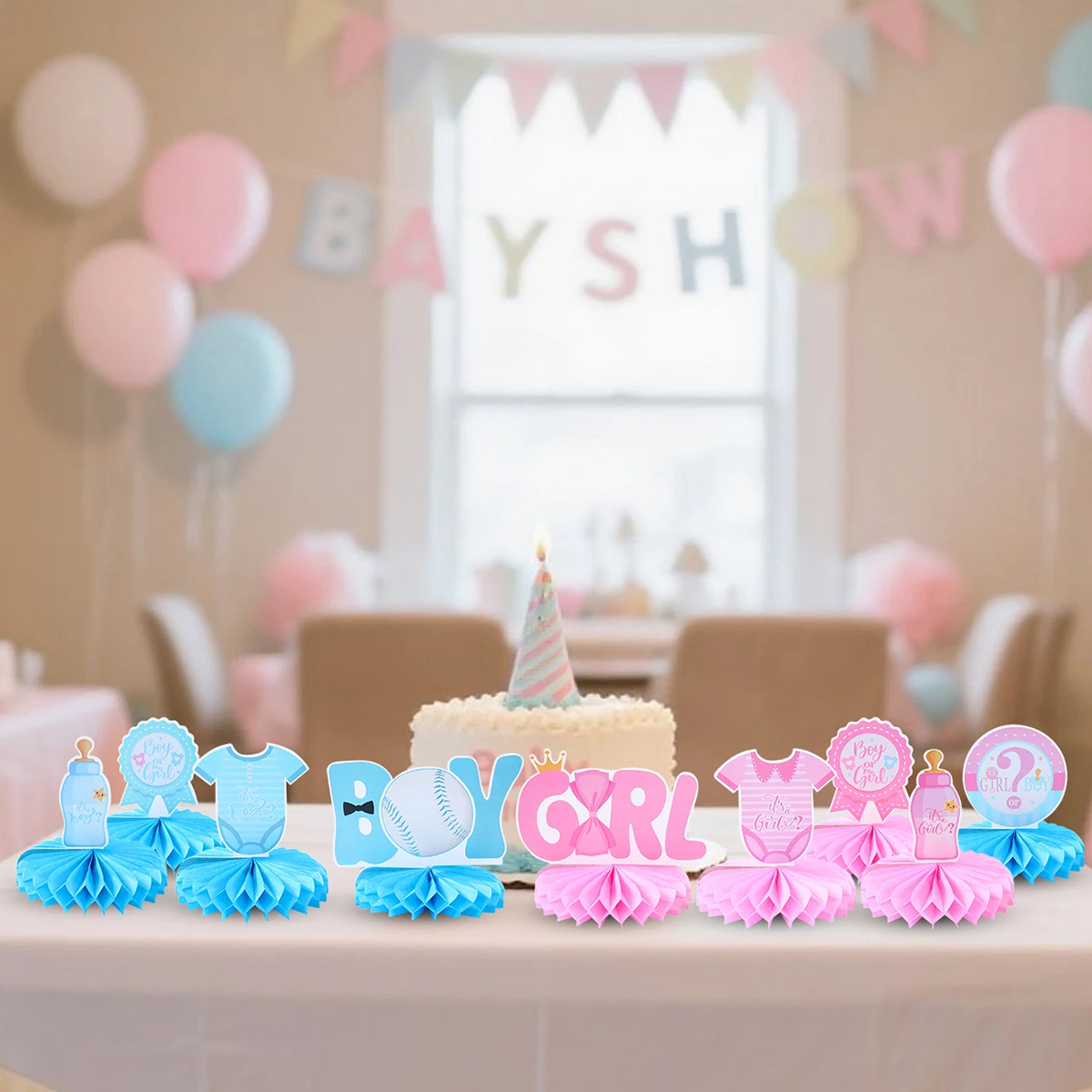9 Uds. De decoraciones de mesa para revelar género de bebé, azul y rosa, centros de mesa de panal para revelar género de bebé, suministros para fiestas - imagen 3