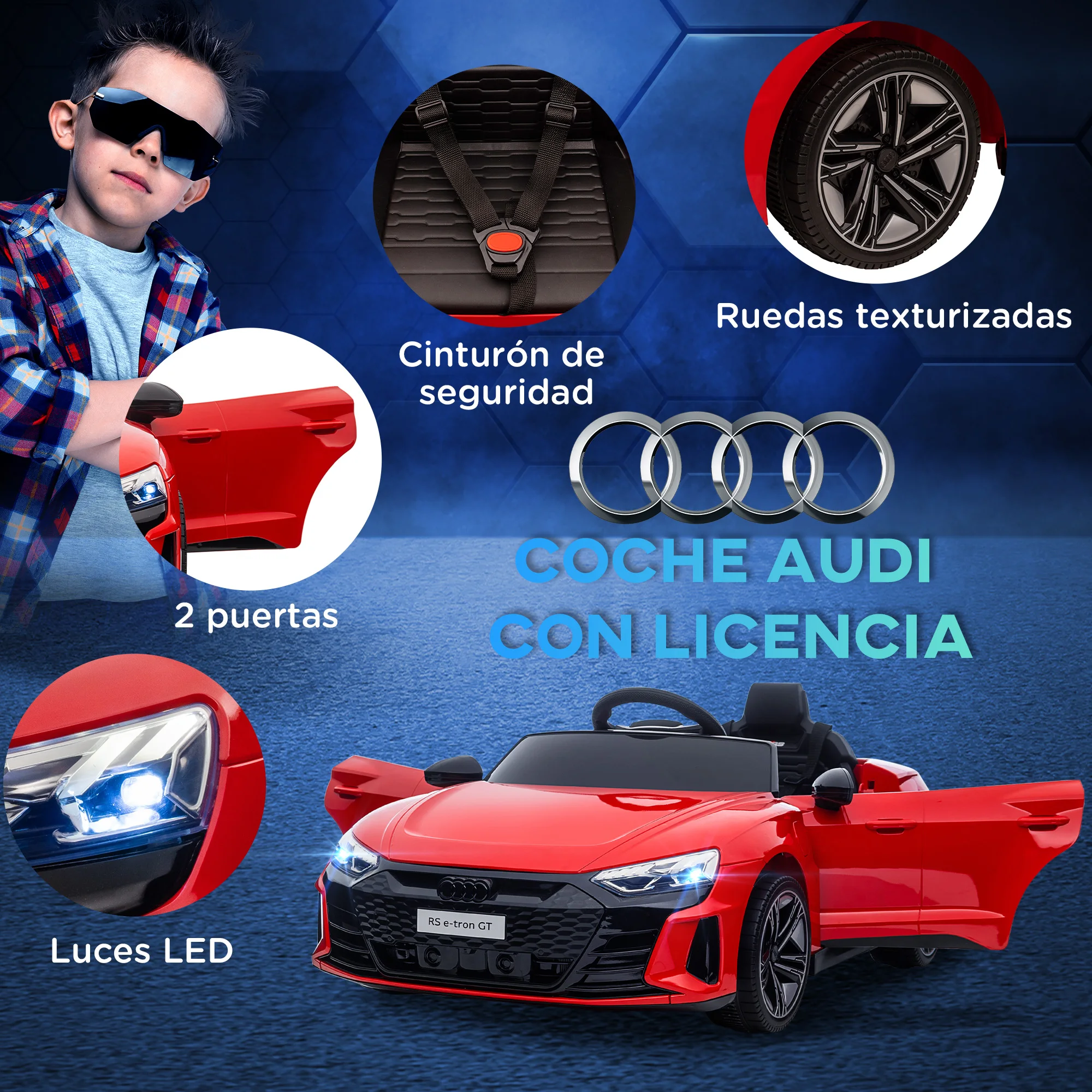 HOMCOM Coche Eléctrico para Niños de +3 Años AUDI RS e-tron GT Coche de Batería 12V con Mando a Distancia Faros LED Bocina Música USB y Apertura de Puerta 3-5 km/h Rojo - imagen 4