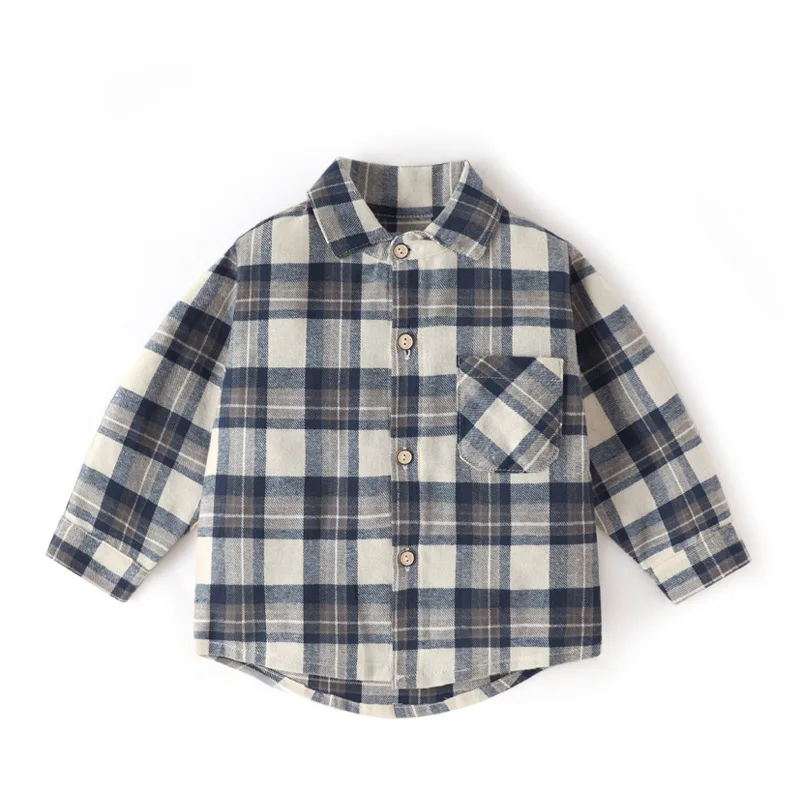 MILANCEL Camisa de algodón cepillado a cuadros para niños, informal, versátil, de manga larga, con cuello vuelto, capa Base Unisex, primavera - imagen 2