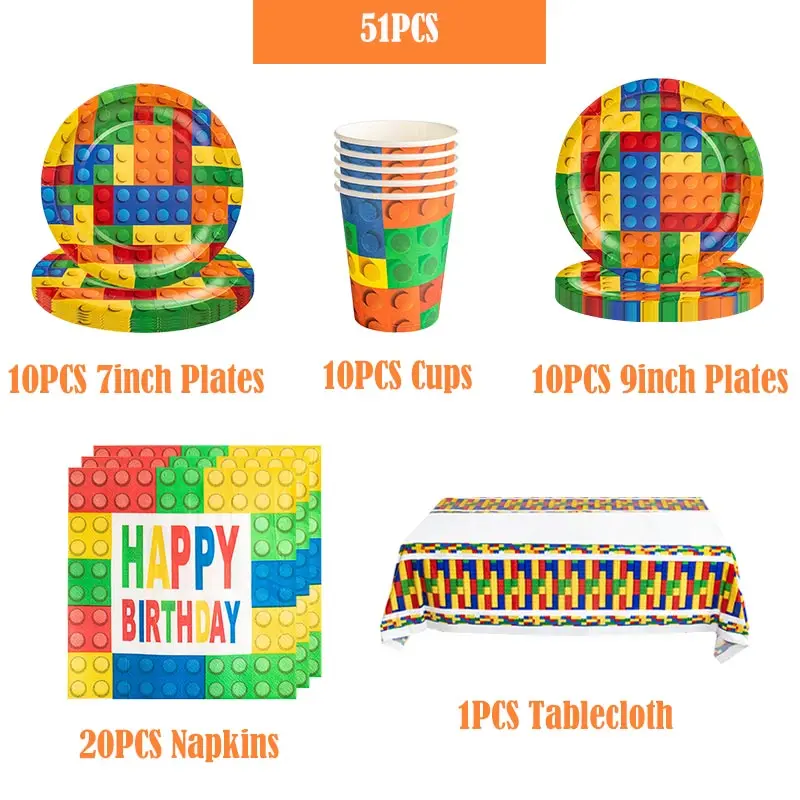 Bloques de construcción, decoración de cumpleaños, vajilla, taza, plato, telón de fondo, Kit de pancarta, bloques de construcción, tema, decoración de fiesta feliz, suministros para niños - imagen 2