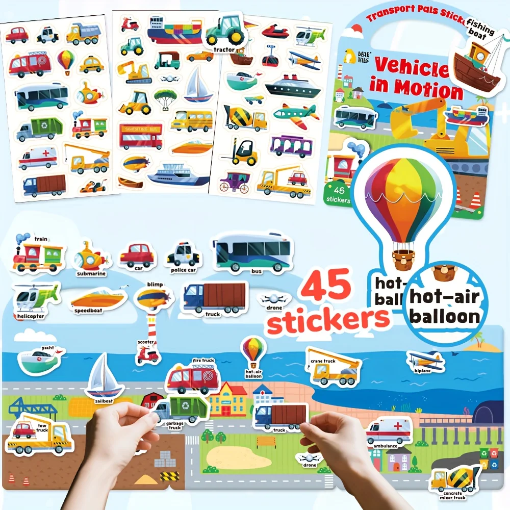 Pegatinas de vehículos de transporte para niños, colección de pegatinas reutilizables, libro de animales, coche, juguete para regalo DIY para niños, niñas y adolescentes