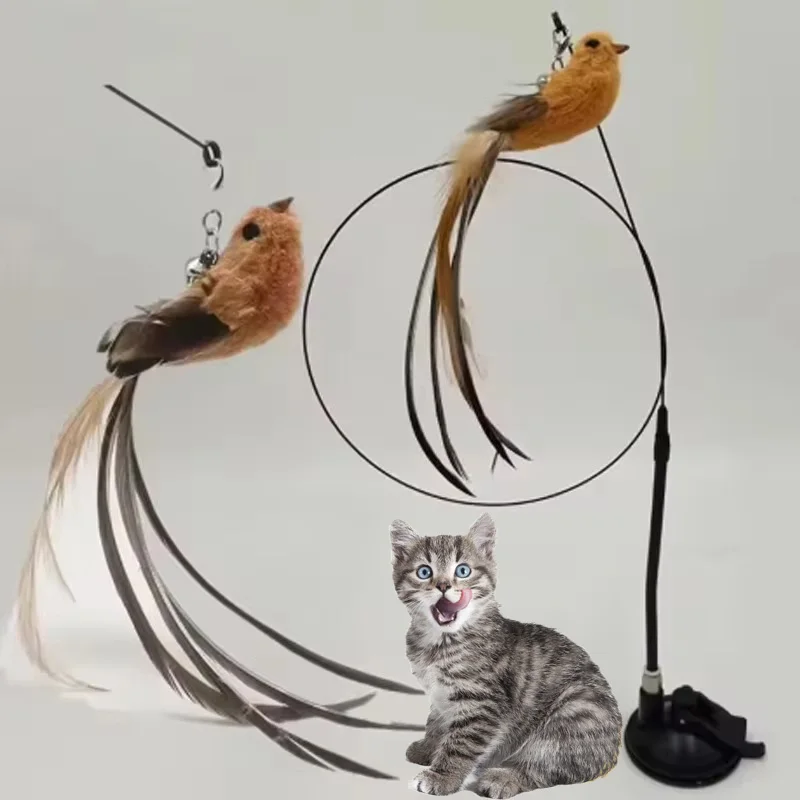 Juguete interactivo de plumas para gato y pájaro, ventosa, palo para gato con campana, juguete para gatito, recarga de repuesto para morder, juguete para masticar para gato