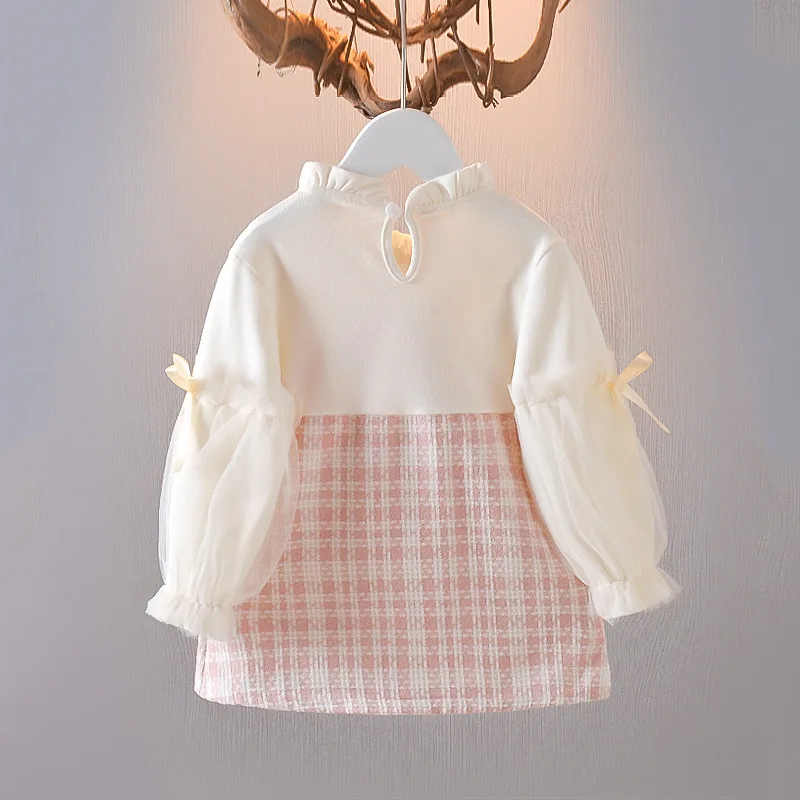 Ropa de primavera y otoño para niña pequeña, vestido de princesa a cuadros de encaje de manga larga con lazo lindo coreano, vestidos de cumpleaños, ropa de bebé BC623 - imagen 5